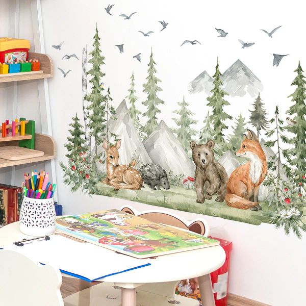 Autocollants Forest Animal Mountain Green Flying Bird Mur Stickers pour enfants chambre crèche maternelle décalage du mur de décoration