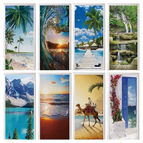 Autocollants Forest Blue Landscape Place Porte porte verte décoration de maison tropicale décorations murales nuage salon 3d décalage art mural 240329 ations