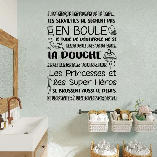 Autocollants muraux règles de salle de bain françaises, étiquette murale pour fenêtre, serviette à dents, douche, citation inspirante, décoration de maison, toilettes, bain