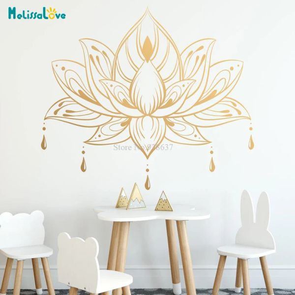 Autocollants Mandala doré Lotus, décalcomanies de grande taille, fleur, pour tête de lit, décorations de maison, Yoga, Art hindou, papier peint, affiche BA897