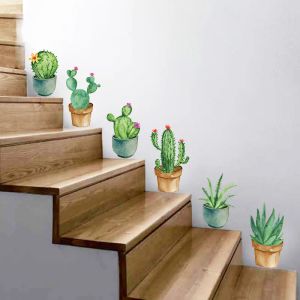 Autocollants Vert Jardin Plante Cactus Pot De Fleur En Pot Ensemble 3D DIY Stickers Muraux/Adhésif Famille Mur Autocollant Mural Art Salle De Bain Escaliers Décor