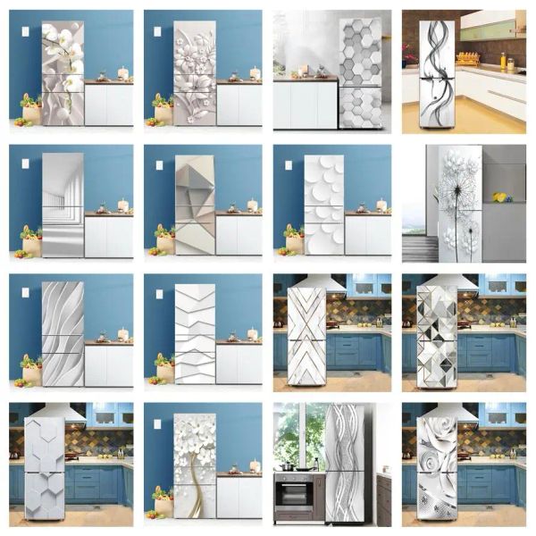 Autocollants gris et blanc pour réfrigérateur, papier peint 3D, fleurs en vinyle, couverture de porte de réfrigérateur, décor de cuisine, affiches murales