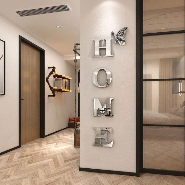 Stickers HOME Miroir Autocollants Muraux, Lettre Logo Acrylique 3D Miroir Décoration Murale, Porte De Porche Décoration De La Maison Décor De Chambre Esthétique