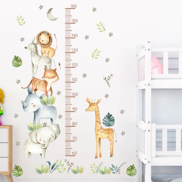 Autocollants muraux en vinyle avec mesure de la hauteur des animaux de la Jungle, pour enfants, garçons et filles, décoration de chambre de bébé, papier peint en vinyle