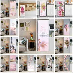 Autocollants Cuisine Réfrigérateur Autocollants Porte Rose Fleur Cygne Réfrigérateur Papier Peint Auto-adhésif Congélateur Wrap Vinyle Film Décor Decal Mural 3d