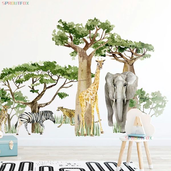 Autocollants muraux en forme d'éléphant, girafe, zèbre, léopard, grands animaux, pour chambres d'enfants, chambre de bébé garçon, grand arbre, animaux de la forêt verte