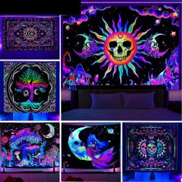 Stickers grote blacklight champignon tapijt Tapijt UV reactieve maan en sterren wandtapijten muur hangende esthetisch tapijtglow in het donker