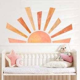 Autocollants muraux grand soleil Orange, étiquette de décoration de fond de tête de lit, de chambre à coucher, papier adhésif, décoration intérieure