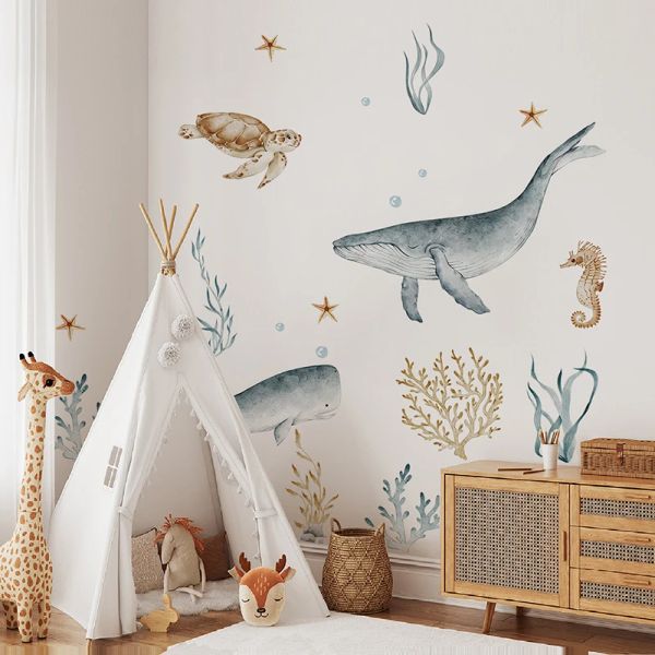 Autocollants Grands autocollants muraux de requins aquarelle, autocollant mural d'animaux de l'océan sous la mer, autocollants de thème de vie Marine, décor de chambre d'enfant de pépinière