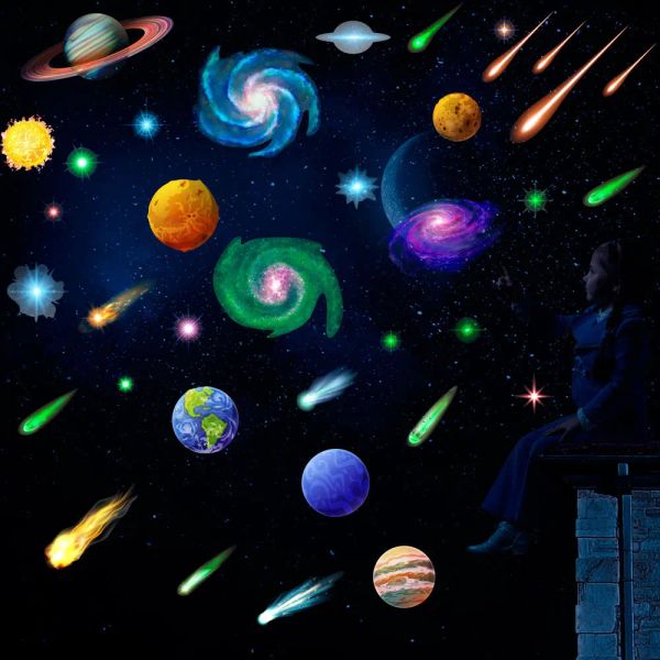 Autocollants lumineux coloré de la voie laiteuse des étoiles murales étoiles brillent dans la galaxie sombre décalcomanies murales pour les enfants chambre garçon de chambre à coucher décoration intérieure