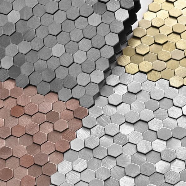 Pegatinas de metal de lujo mosaico de acero inoxidable mosaico 3d mosaico mosaico aluminio hexágono mosaico fondos calcomanías de pared
