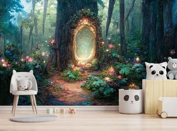 Autocollants Magic Forest Aquarelle Design Kids Wallpaper, Maisons de forêt de fées, Peinture murale amovible auto-adhésive, Décalcomanie, Décor de pépinière, Tapestr