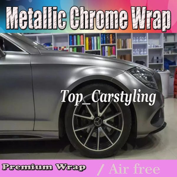 Autocollants Metallic Grey Chrome Vinyl Car Wrap Film With Air Bubble Free / Release Coverging Style Graphics Coverging Foil 1.52x20m Roll