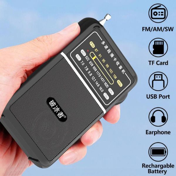 Autocollants Mini radio pleine bande portable récepteur Fm/am/sw lecteur de musique portable Tf/usb avec prise jack 3,5 mm radio rechargeable haute sensibilité