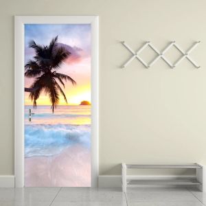 Autocollants modernes 3D Seaside Paysage de noix de coco Porte de coco autocollant PVC Selfadhesive étanché