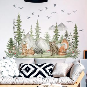 Autocollants montagnes et arbres animaux de dessin animé maternelle matériau Pvc autocollants muraux auto-adhésifs décoration murale accessoires pour la maison papier peint