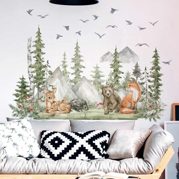 Autocollants montagnes et arbres animaux de dessin animé maternelle matériau Pvc autocollants muraux auto-adhésifs décoration murale accessoires pour la maison papier peint