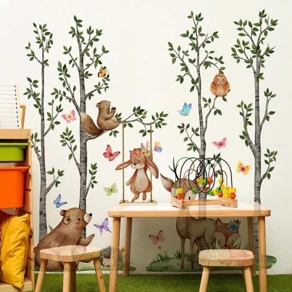 Nouveaux autocollants muraux d'arbre d'animaux de la forêt, sparadrap muraux d'ours, de renard et de cerf, pour chambre d'enfants, salle de jeux, décorations murales pour chambre de bébé