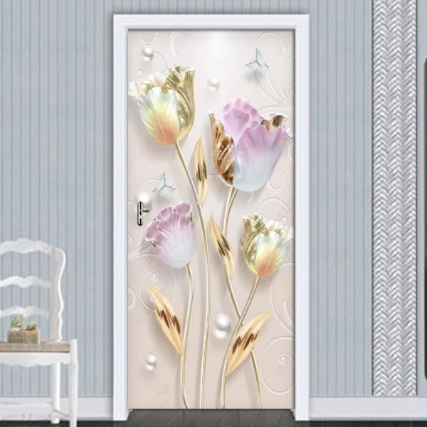 Autocollants Nouveau moderne en relief tulipe fleurs porte autocollants Mural PVC auto-adhésif 3D papier peint pour salon chambre porte décor décalcomanies