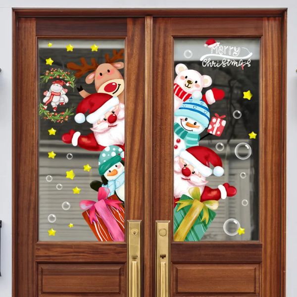 Autocollants Nouveau père noël petit élan autocollant mural pour chambre d'enfants fenêtres en verre papier peint auto-adhésif nouvel an décoration de la maison décalcomanies