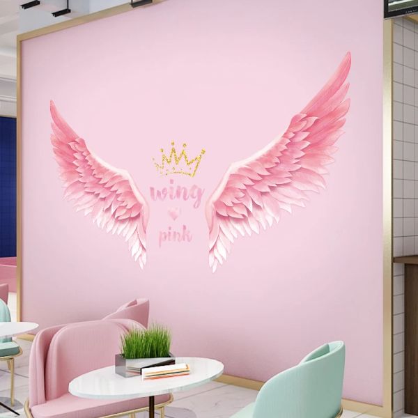 Pegatinas Estilo nórdico Corona de ala rosa Pegatinas de pared para habitación de niñas Dormitorio Tatuajes de pared ecológicos Vinilo removible Mural de pared Decoración del hogar