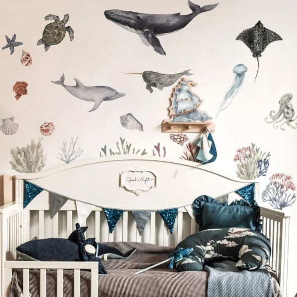 Autocollants muraux nordiques aquarelle du monde sous-marin, pour chambre d'enfants, décor de pépinière, dessin animé, méduse, baleine, requin, décalcomanies