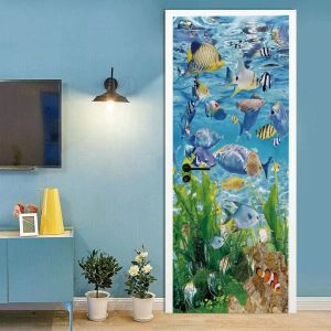 Pegatinas para puerta de la escuela de peces del océano, calcomanías para puerta del mundo submarino, papel tapiz, póster de vida marina, Mural, decoración para sala de estar y dormitorio