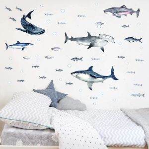 Autocollants muraux du monde océanique, autocollant mural de requin aquarelle, autocollant du monde sous-marin pour chambre d'enfant, décoration murale