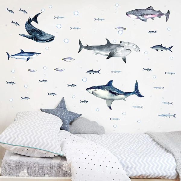 Pegatinas Ocean World Pegatinas de pared Acuarela Tiburón Tatuajes de pared Mundo submarino Etiqueta para la habitación de los niños Dormitorio Decoración de la pared Etiqueta