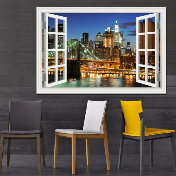 Autocollants One Piece New York Brooklyn Magnificent Night View, autocollant mural 3D, vue de la fenêtre du paysage, décoration de la maison, haute qualité