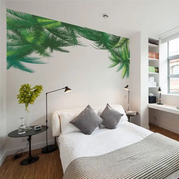 Pegatinas de pared de hoja verde de palmera para fondo de Tv, sala de estar, dormitorio, decoración del hogar, arte Mural de planta, calcomanía de pared de Pvc artesanal