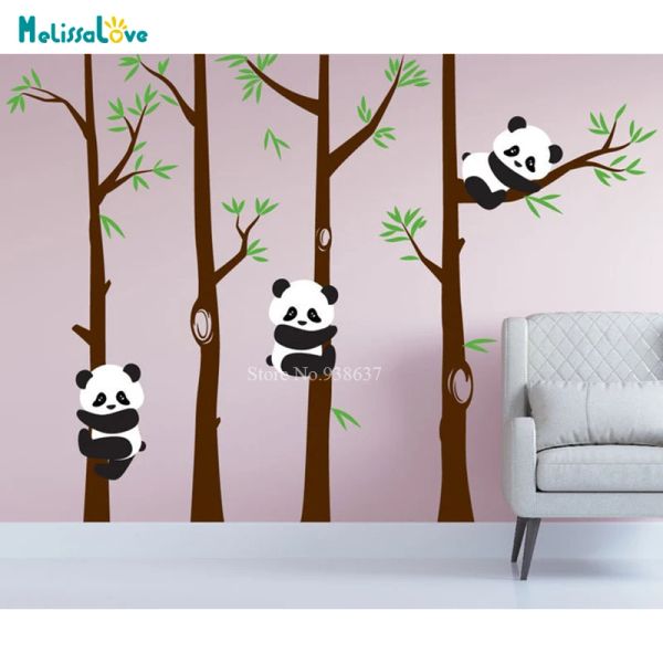 Pegatinas de pared de árbol de Panda, pegatina bonita de Panda para habitación de bebé, 4 árboles de bambú, póster artístico de pared de bosque BB052