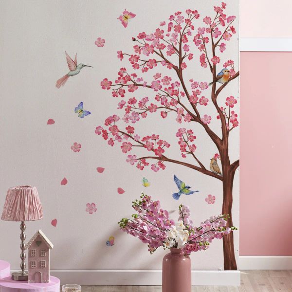 Autocollants muraux arbre fleur de pêcher, sparadrap muraux oiseaux, sparadrap muraux fleurs, papier peint pour chambre d'enfant