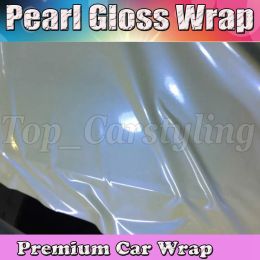 Pegatinas Pearlecsent Glumbery Shift White / Blue Vinyl Wrap with Air Pearl Gloss Gold para Wrap Car Wrap Styling Tamaño de película de fundición 1.52x20m / Ro