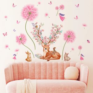 Pegatinas de diente de león rosa, pegatina de pared de conejo y ciervo de dibujos animados, vinilo extraíble de PVC, decoración del hogar, sala de estar y dormitorio