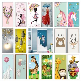 Pegatinas de puerta de dibujos animados de niña rosa, póster de pared para habitación de niños, unicornio, astronauta, autoadhesivo, dormitorio, armario, Mural de animales de cristal