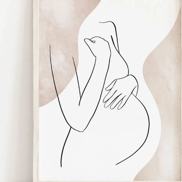 Pegatinas Impresión de arte lineal de mujer embarazada, figura femenina minimalista del vientre del embarazo, decoración de guardería boho de maternidad, regalo del día de la madreE575