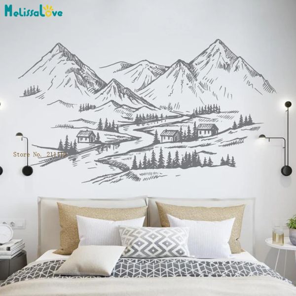 Autocollants muraux de paysage de Village de montagne calme, autocollants amovibles pour chambre d'enfants, décor de pépinière avec animaux solaires, YT5631