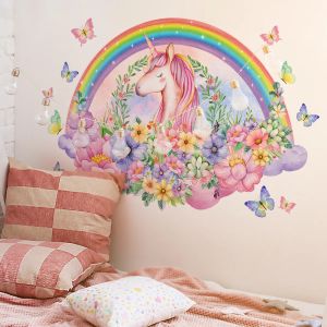 Pegatinas Rainbow Pink Unicorn Flower Wall Sala Living Sala de estar Baby Girl dormitorio Niña Papel de pared de unicornio