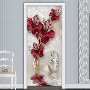 Autocollants fleur rouge papillon bijoux 3D autocollants de porte décor à la maison moderne salon chambre porte décoration autocollant Mural papier peint
