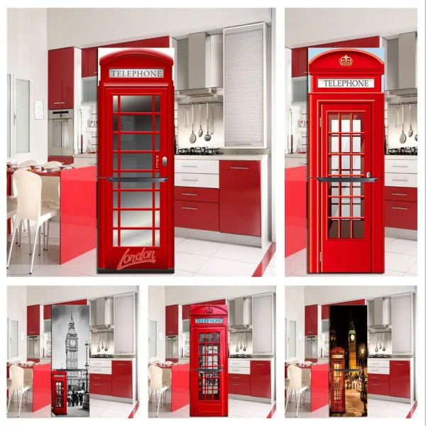 Pegatinas Cabina telefónica roja Papel tapiz 3D para refrigerador Adhesivo Etiqueta de pared impermeable Cocina Refrigerador Puerta Calcomanía Póster Mural personalizado