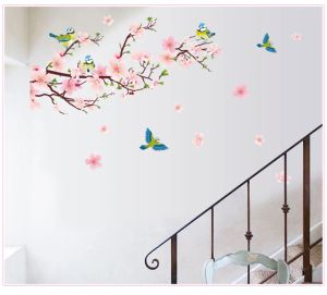 Stickers romantische perzik bloesem wandsticker bloem en vogel dieren woonkamer slaapkamer behang afneembare stickers