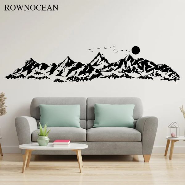 Pegatinas ROWNOCEAN Calcomanía de pared de montañas grandes para habitación de niños, calcomanías de montañas con pájaros solares, impresiones artísticas para dormitorio de montañas 3C70