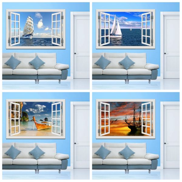 Autocollants bateau à voile 3D, autocollant d'art mural sur la mer, paysage de mer, fenêtre amovible, vue de la maison, papier peint, affiche photo