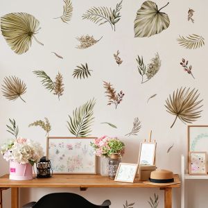 Autocollants muraux de Style scandinave à grandes feuilles, autocollants amovibles à fleurs, plantes marron clair, bricolage pour chambre, salon, bureau