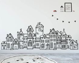 Pegatinas de estilo escandinavo, calcomanía de pared de pueblo lindo, ciudad dibujada a mano, decoración para niños, pegatina de vinilo para pared de guardería nórdica, Vinilos Infantiles A838