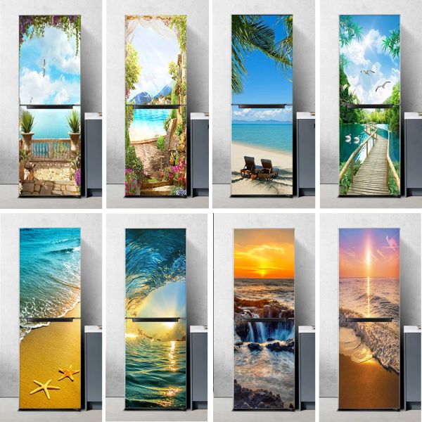 Autocollants vue sur la mer paysage réfrigérateur autocollant étanche PVC couverture de porte complète armoire placard cuisine réfrigérateur mural Photo papier peint