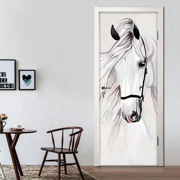 Pegatinas autoadhesivas 3D para puerta, pintado a mano, caballo blanco, arte abstracto, pintura de pared, dormitorio, estudio, habitación, puerta, Mural, papel tapiz, decoración