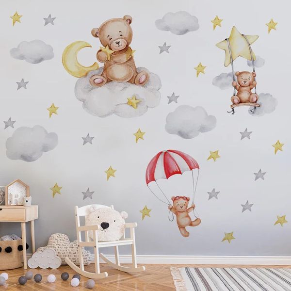 Autocollants ours endormi sur les nuages, autocollants muraux, parachute, lune, étoiles, aquarelle, pour chambre d'enfant, chambre de bébé, décoration murale de chambre d'enfant