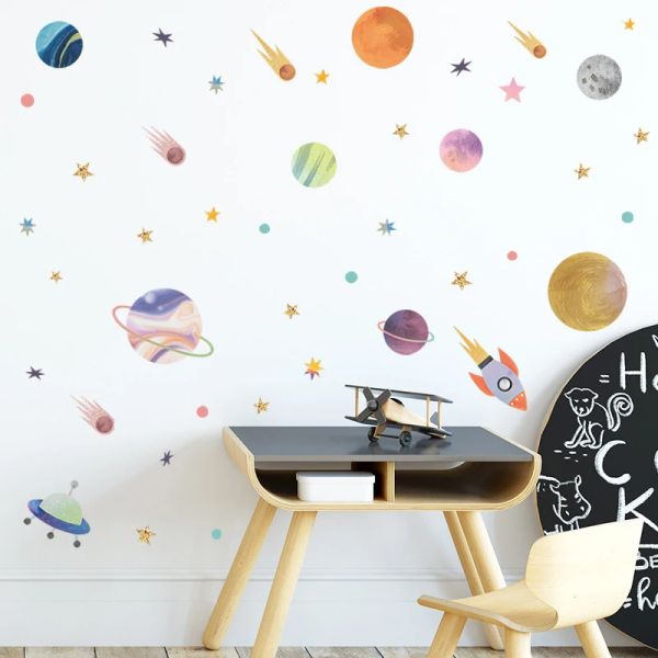 Autocollants Space Planet Wall Autocollants pour enfants Nursery Children Kindergarten Wall Decor Rocket Ufo Occos